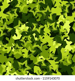 A seamless pattern of shades of green foliage with five-pointed stars on top.