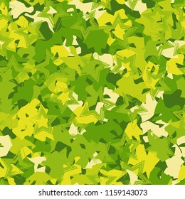 A seamless pattern of shades of green foliage with five-pointed stars on top.