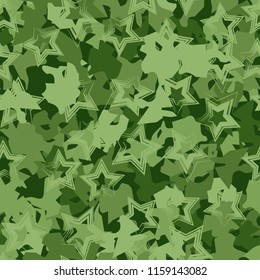 A seamless pattern of shades of green foliage with five-pointed stars on top.