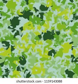 A seamless pattern of shades of green foliage with five-pointed stars on top.