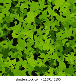 A seamless pattern of shades of green foliage with five-pointed stars on top.