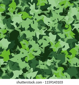 A seamless pattern of shades of green foliage with five-pointed stars on top.