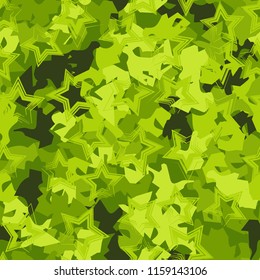 A seamless pattern of shades of green foliage with five-pointed stars on top.
