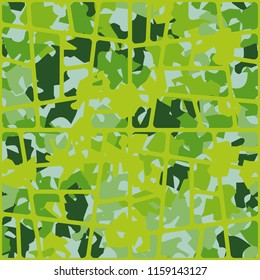 Seamless pattern of shades of green foliage covered with a network of oblique rounded quadrangles.