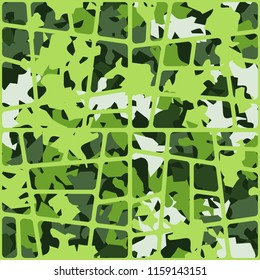 Seamless pattern of shades of green foliage covered with a network of oblique rounded quadrangles.