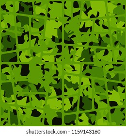 Seamless pattern of shades of green foliage covered with a network of oblique rounded quadrangles.