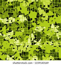 A seamless pattern of shades of green foliage covered with a network of small rounded rectangles.