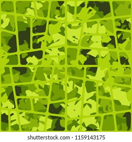Seamless pattern of shades of green foliage covered with a network of oblique rounded quadrangles.