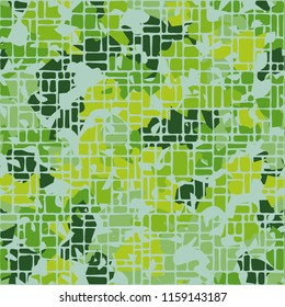 A seamless pattern of shades of green foliage covered with a network of small rounded rectangles.