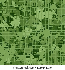 A seamless pattern of shades of green foliage covered with a network of small rounded rectangles.
