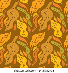 Seamless pattern with shades of red, orange and yellow nature shapes exotic leaves. Autumn colors of nature. Modern vector illustration in flat style for wrapping paper, wallpaper, textile