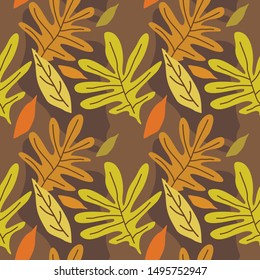 Seamless pattern with shades of red, orange and yellow nature shapes exotic leaves. Autumn colors of nature. Modern vector illustration in flat style for wrapping paper, wallpaper, textile