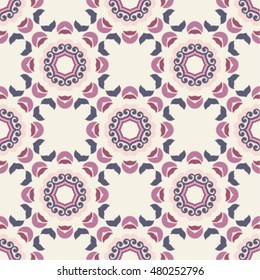 Seamless pattern, shades of violet, beige and pink. Classic  pattern with abstract circles, floral decorative design