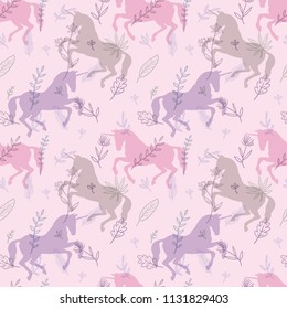 Seamless pattern. Shadows of unicorns among wildflowers. Unicorns on a flower field. Hand drawn illustration.