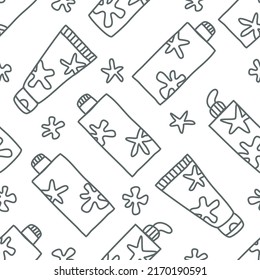 Seamless pattern with shampoo, conditioner, mask, oil on black background.  Vector design for fabric, textile, packaging, website. Flat style vector illustration.