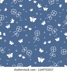 Seamless pattern with shamrock and butterflies. Saint Patrick's Day. Irish clover St. Patrick's.