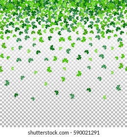 Seamless Pattern With Shamrock Clover Falling Leaves On Transparent Background. Endless Texture For Saint Patrick's Day Design. Art Vector Illustration.