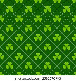Seamless pattern of shamrock with diagonals on dark green background for St. Patrick's Day