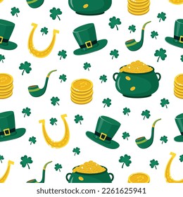 Seamless pattern with shamrock, green hat, coins, gold horseshoe, smoking pipe. Irish objects for saint patricks day