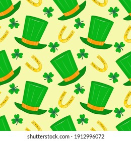 Seamless pattern of shamrock, horseshoe and green hat for the St. Patricks Day holiday. Vector illustration