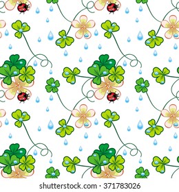 Seamless pattern with shamrock, ladybird and water drops