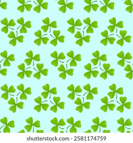 Seamless pattern of shamrock leaves collected in a triangle in a checkerboard pattern on a light blue background for the holiday of St. Patrick's Day
