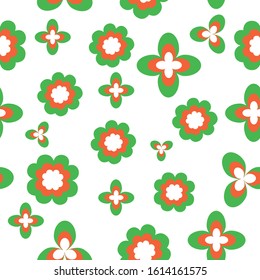Seamless pattern with shamrock leaves and flowers. St Patrick's Day. Simple flat illustration. Green, white and orange. Irish colors. For post cards, wallpaper, textile and wrapping paper