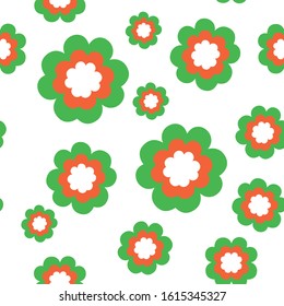 Seamless pattern with shamrock leaves and flowers. St Patrick's Day. Simple flat illustration. Green, white and orange. Irish colors. For post cards, wallpaper, textile and wrapping paper