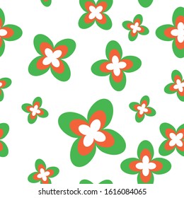 Seamless pattern with shamrock leaves and flowers. St Patrick's Day. Simple flat illustration. Green, white and orange. Irish colors. For post cards, wallpaper, textile and wrapping paper