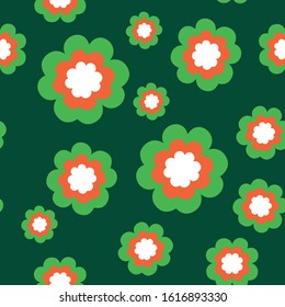 Seamless pattern with shamrock leaves and flowers. St Patrick's Day. Simple flat illustration. Green, white and orange. Irish colors. For post cards, wallpaper, textile and wrapping paper