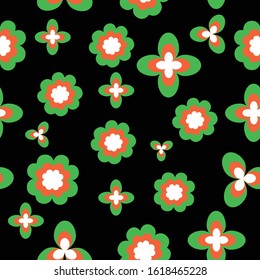 Seamless pattern with shamrock leaves and flowers. St Patrick's Day. Simple flat illustration. Green, white and orange. Irish colors. For post cards, wallpaper, textile and wrapping paper