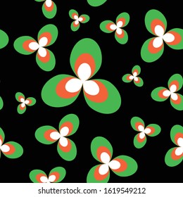 Seamless pattern with shamrock leaves and flowers. St Patrick's Day. Simple flat illustration. Green, white and orange. Irish colors. For post cards, wallpaper, textile and wrapping paper