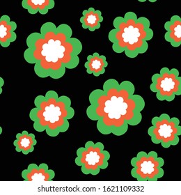 Seamless pattern with shamrock leaves and flowers. St Patrick's Day. Simple flat illustration. Green, white and orange. Irish colors. For post cards, wallpaper, textile and wrapping paper