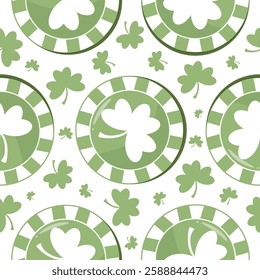 seamless pattern with shamrocks and green chips with shamrock prints arranged randomly, for holiday designs for St. Patrick's Day