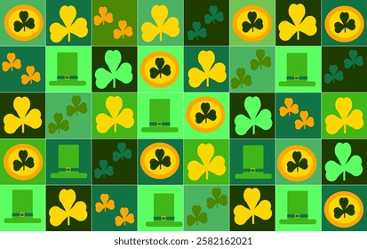 Seamless pattern with shamrocks, leprechaun hats, and gold coins for St. Patrick’s Day