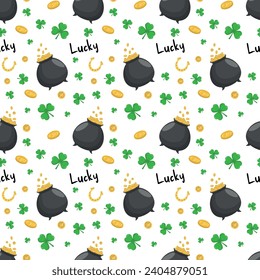 Seamless pattern with shamrocks, a pot of gold, coins,  horseshoes isolated on a white background. St. Patrick's Day Print. Vector illustration