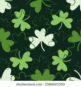 Seamless pattern of shamrocks, symbol of good luck, traditional element of St. Patrick's Day. Vector illustration.