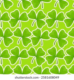 Seamless pattern of shamrocks with white outline on soft green background for St. Patrick's Day