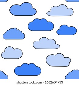 Seamless pattern in shape of clouds. Pop art, comic style. Vector background of blue background for fabric, textile, packaging paper, wallpaper.