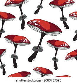 Seamless pattern in the shape of a mushroom. Different fly agarics. A pattern of fly agarics. A set of ingredients for a witch's potion. Cartoon style. Design for textiles.