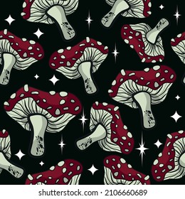 Seamless pattern in the shape of a mushroom. Different fly agarics. A pattern of fly agarics. A set of ingredients for a witch's potion. Cartoon style. Design for textiles.