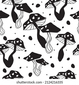 Seamless pattern in the shape of a mushroom. Different fly agarics. A pattern of fly agarics. A set of ingredients for a witch's potion. Cartoon style. Design for textiles.