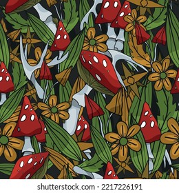 Seamless pattern in the shape of a mushroom. Different fly agarics. A pattern of fly agarics. A set of ingredients for a witch's potion. Cartoon style. Design for textiles.