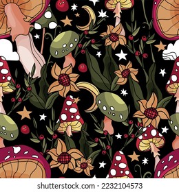 Seamless pattern in the shape of a mushroom. Different fly agarics. A pattern of fly agarics. A set of ingredients for a witch's potion. Cartoon style. Design for textiles.