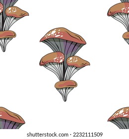 Seamless pattern in the shape of a mushroom. Different fly agarics. A pattern of fly agarics. A set of ingredients for a witch's potion. Cartoon style. Design for textiles.