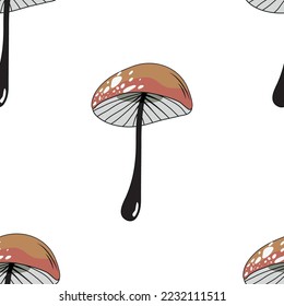 Seamless pattern in the shape of a mushroom. Different fly agarics. A pattern of fly agarics. A set of ingredients for a witch's potion. Cartoon style. Design for textiles.