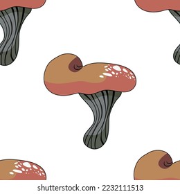 Seamless pattern in the shape of a mushroom. Different fly agarics. A pattern of fly agarics. A set of ingredients for a witch's potion. Cartoon style. Design for textiles.
