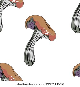 Seamless pattern in the shape of a mushroom. Different fly agarics. A pattern of fly agarics. A set of ingredients for a witch's potion. Cartoon style. Design for textiles.