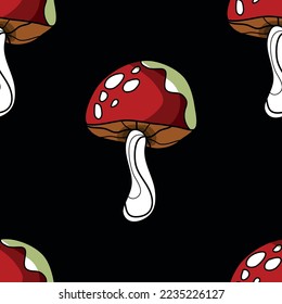 Seamless pattern in the shape of a mushroom. Different fly agarics. A pattern of fly agarics. A set of ingredients for a witch's potion. Cartoon style. Design for textiles.