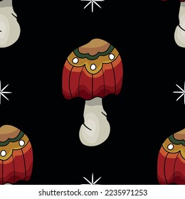 Seamless pattern in the shape of a mushroom. Different fly agarics. A pattern of fly agarics. A set of ingredients for a witch's potion. Cartoon style. Design for textiles.